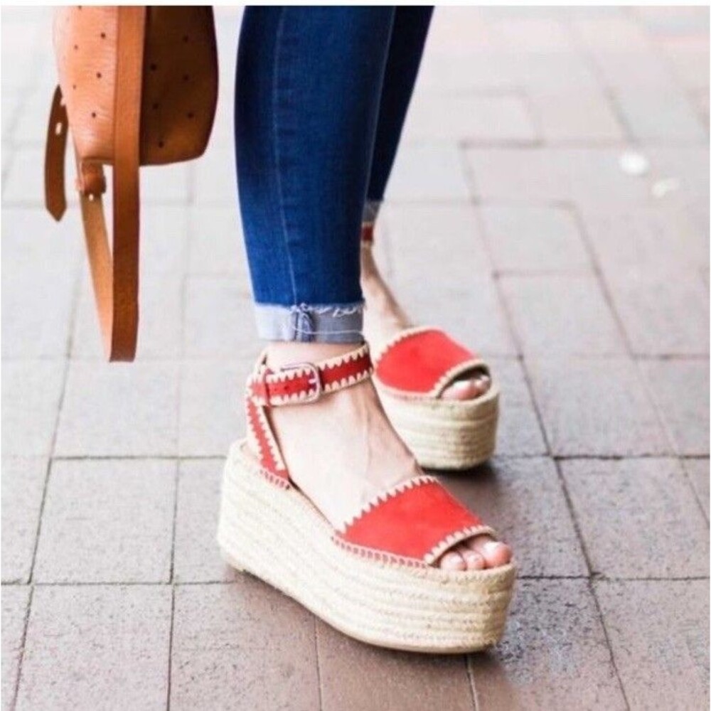 Pour La Victoire Ria Poppy Red Suede Platform Espadrille Sz 8 Raffia Sandals